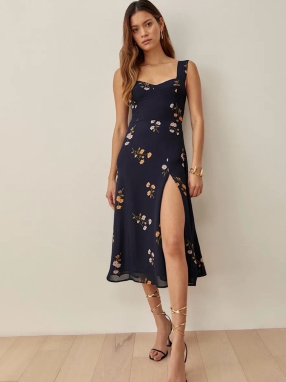 Reformation Navy Floral Dress with Pink and Yellow Blooms